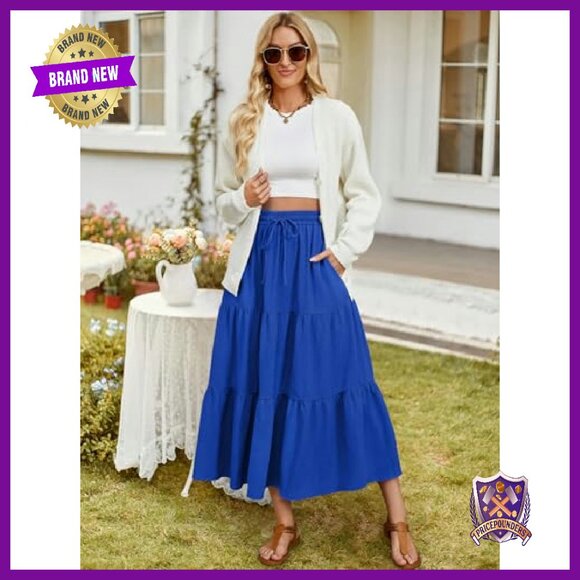 Maxi Skirt Elastic Waist A-Line Tiered Ruffle Long with Pockets - Picture 7 of 8